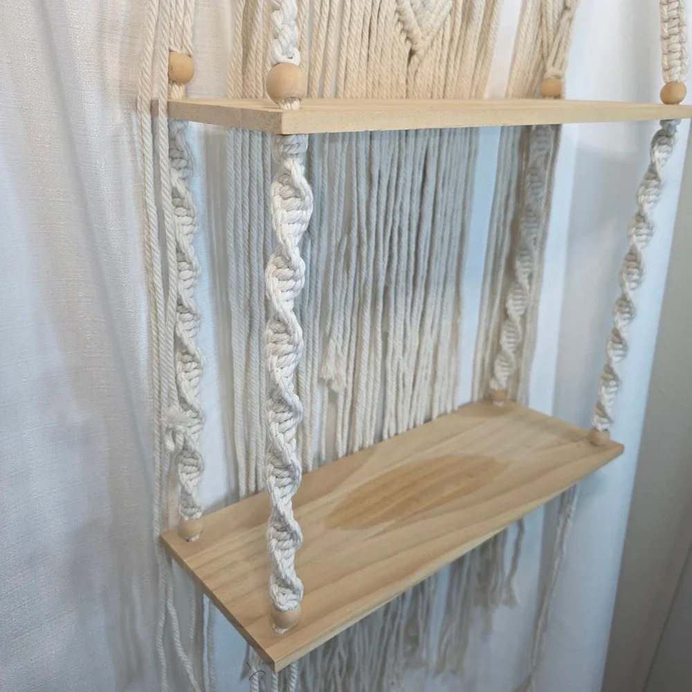 Boho Macrame Wall Hanging Shelf 2 Tier Wood Floating Plant Hanger Cream Cotton